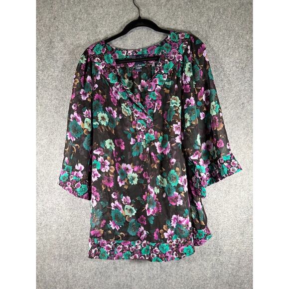 Susan Graver Blouse Women 1X Blue Semi Sheer Floral V Neck Wide Sleeve Fairy - Picture 1 of 7